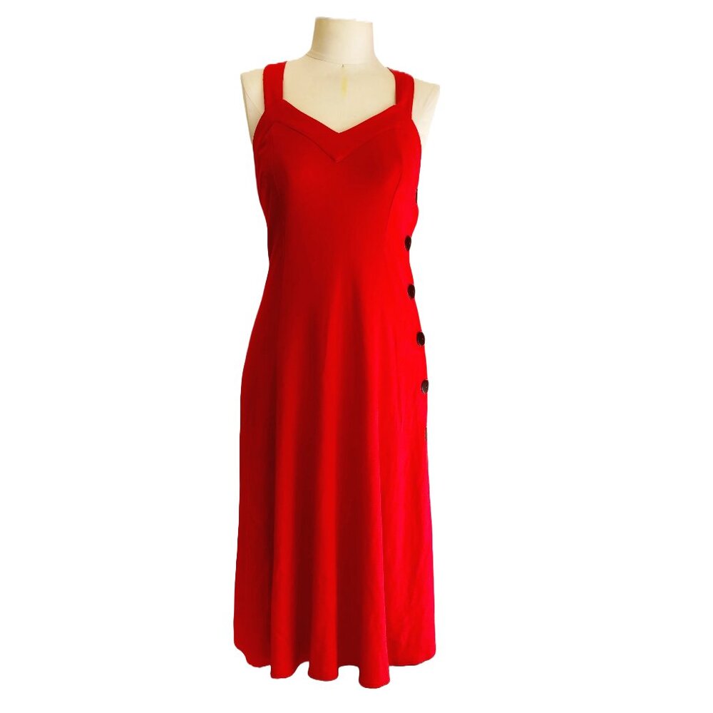 Vintage 80s Red Midi Dress Sweetheart Neckline Cross Back Retro Party Size Small